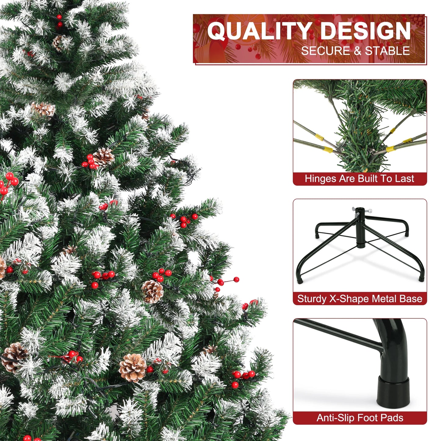 6Ft Pre-Lit Artificial Christmas Tree W/800 Tips,Hinged Xmas Tree with 250 LED Lights, 54 Pines & 54 Red Berries Holiday Decoration for Home,Office, Party