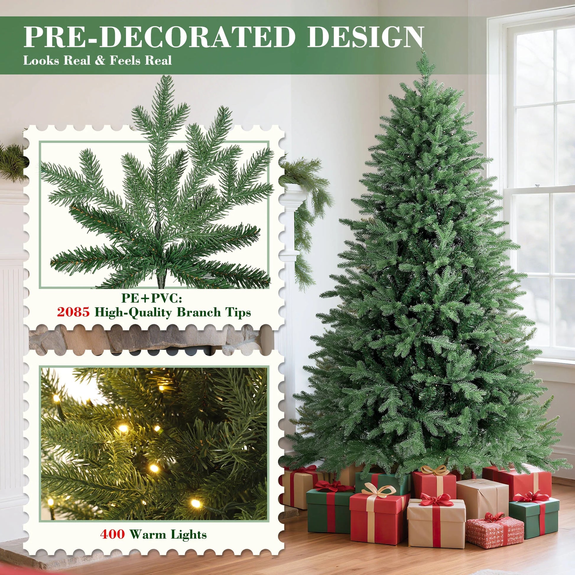 6Ft Hinged Pre-Lit Christmas Tree with 2085 PE & PVC Tips, 400 Warm White LED Lights, Artificial Fir Xmas Tree with Metal Stand & Large Storage Bag for Holiday Decoration