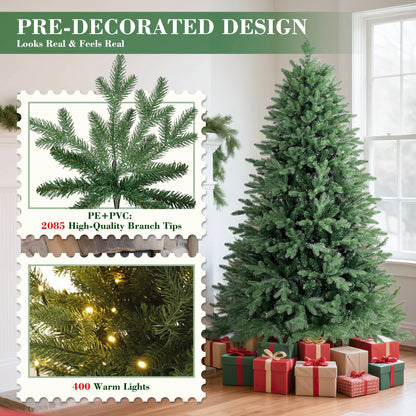 6Ft Hinged Pre-Lit Christmas Tree with 2085 PE & PVC Tips, 400 Warm White LED Lights, Artificial Fir Xmas Tree with Metal Stand & Large Storage Bag for Holiday Decoration