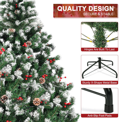 6Ft Pre-Lit Artificial Christmas Tree W/800 Tips,Hinged Xmas Tree with 250 LED Lights, 54 Pines & 54 Red Berries Holiday Decoration for Home,Office, Party