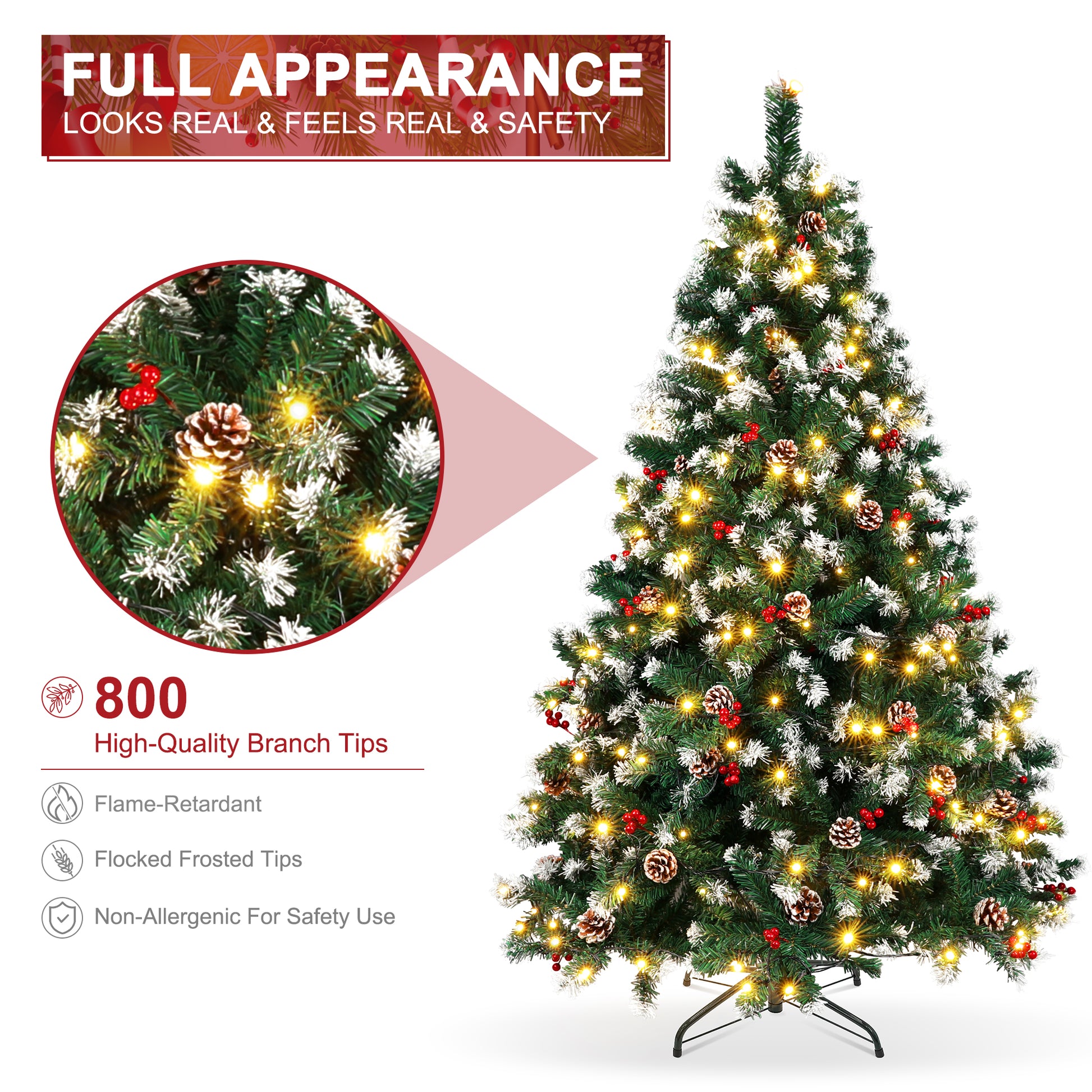 6Ft Pre-Lit Artificial Christmas Tree W/800 Tips,Hinged Xmas Tree with 250 LED Lights, 54 Pines & 54 Red Berries Holiday Decoration for Home,Office, Party