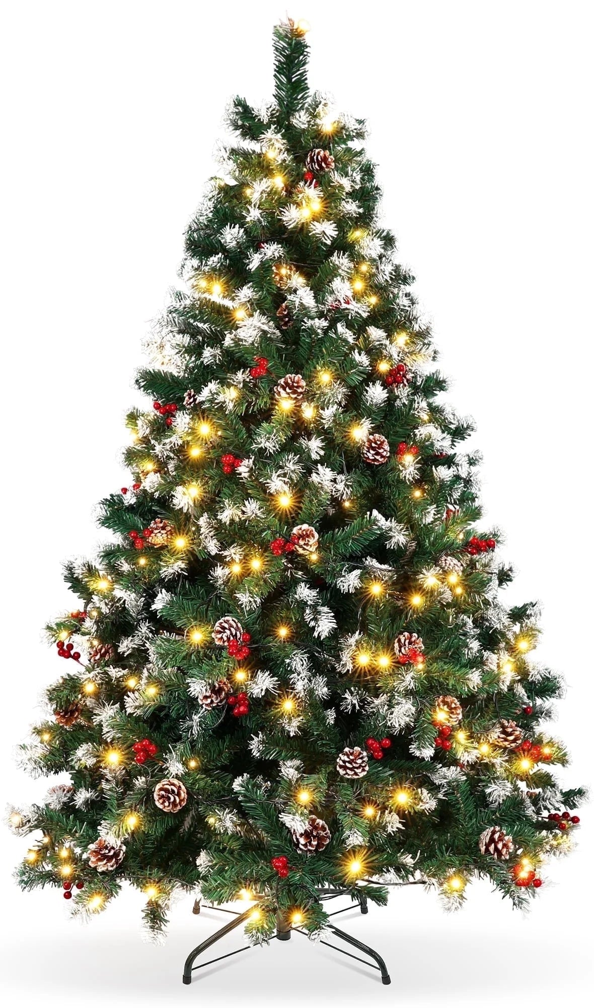 6Ft Pre-Lit Artificial Christmas Tree W/800 Tips,Hinged Xmas Tree with 250 LED Lights, 54 Pines & 54 Red Berries Holiday Decoration for Home,Office, Party