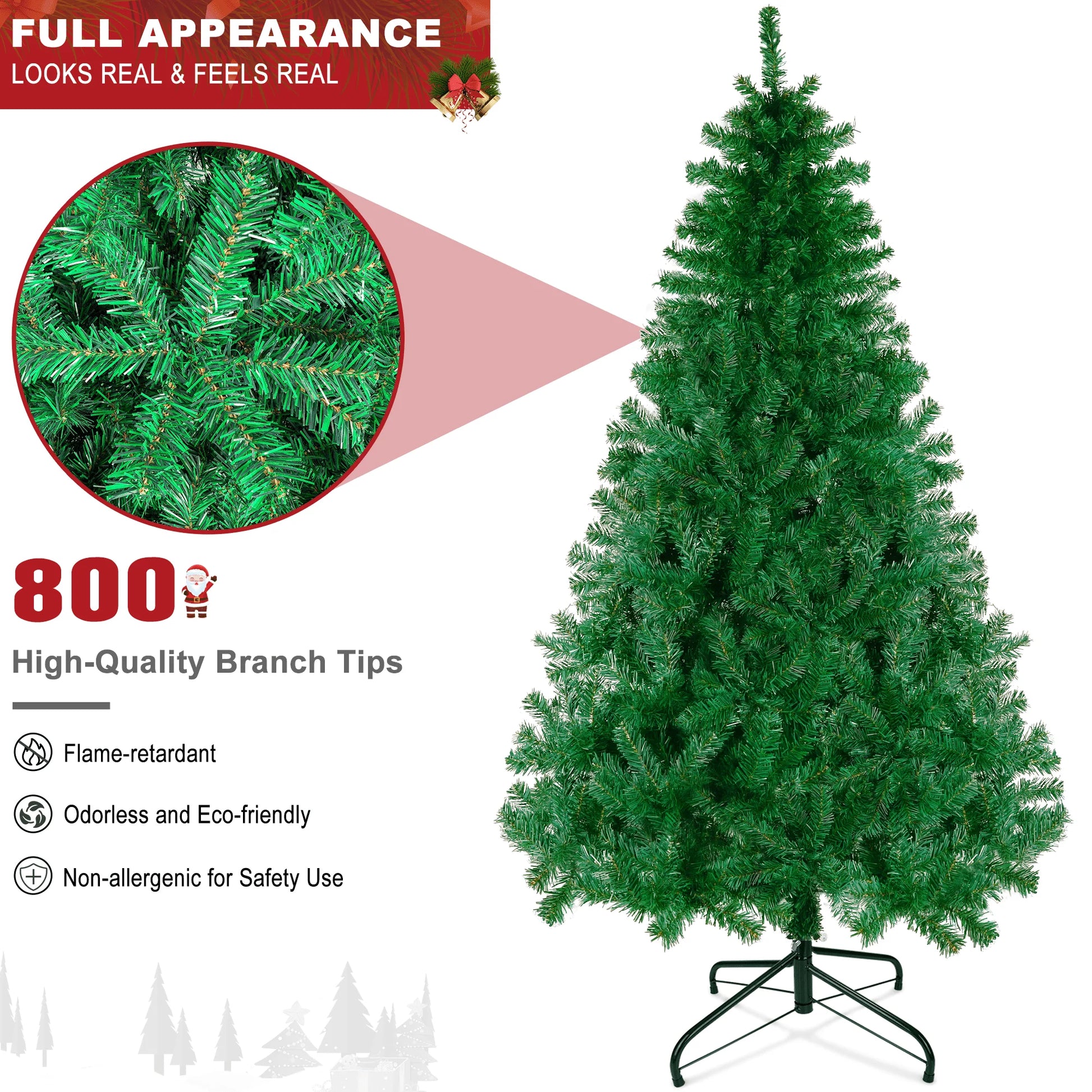 6FT Artificial Christmas Tree W/ 800 Tips, Holiday Xmas Tree for Indoor Outdoor Decor, Fir Christmas Tree with Metal Base - Green