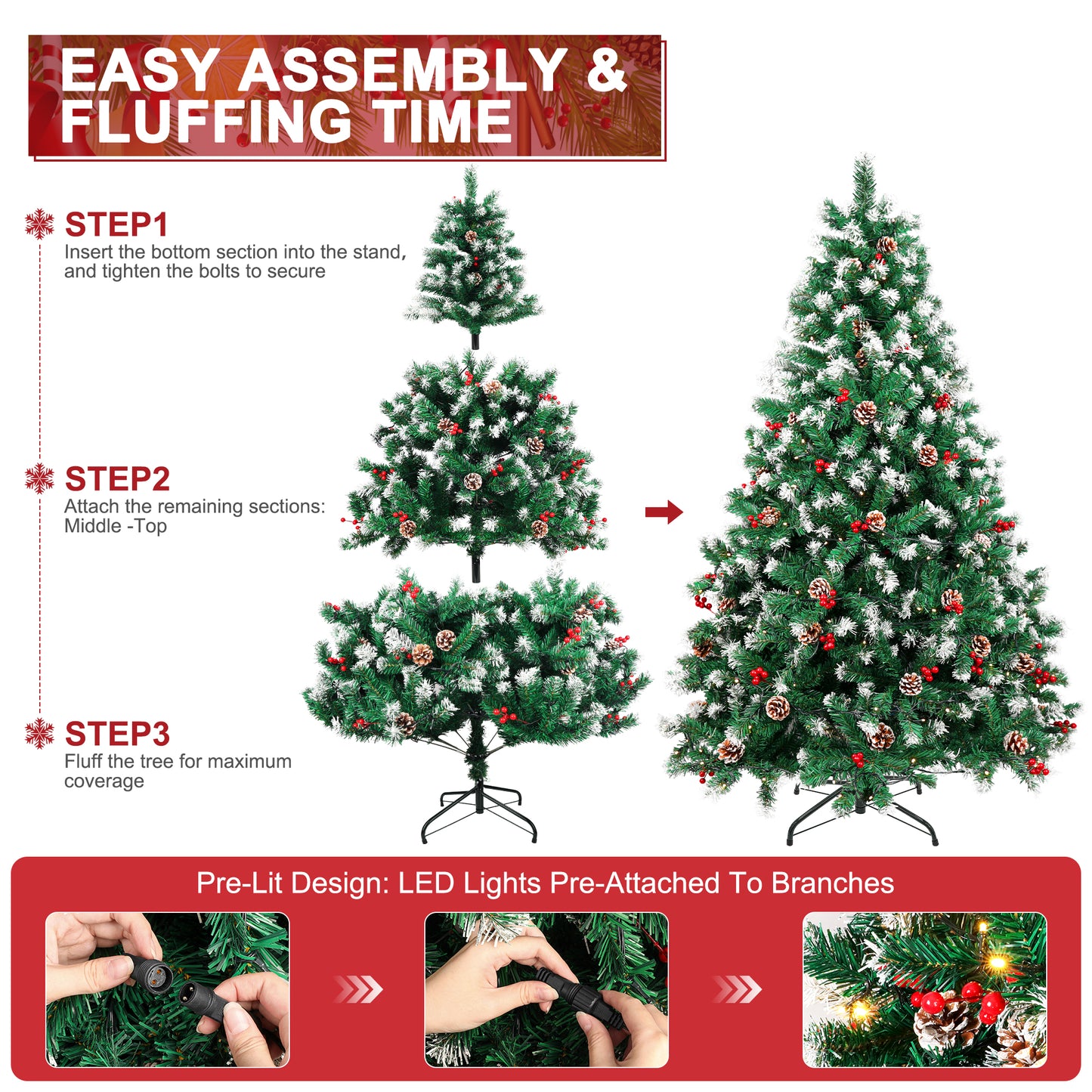 6Ft Pre-Lit Artificial Christmas Tree W/800 Tips,Hinged Xmas Tree with 250 LED Lights, 54 Pines & 54 Red Berries Holiday Decoration for Home,Office, Party