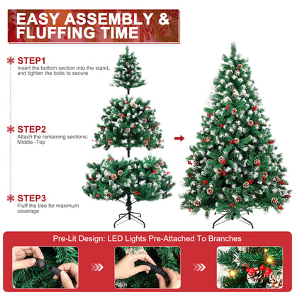 6Ft Pre-Lit Artificial Christmas Tree W/800 Tips,Hinged Xmas Tree with 250 LED Lights, 54 Pines & 54 Red Berries Holiday Decoration for Home,Office, Party