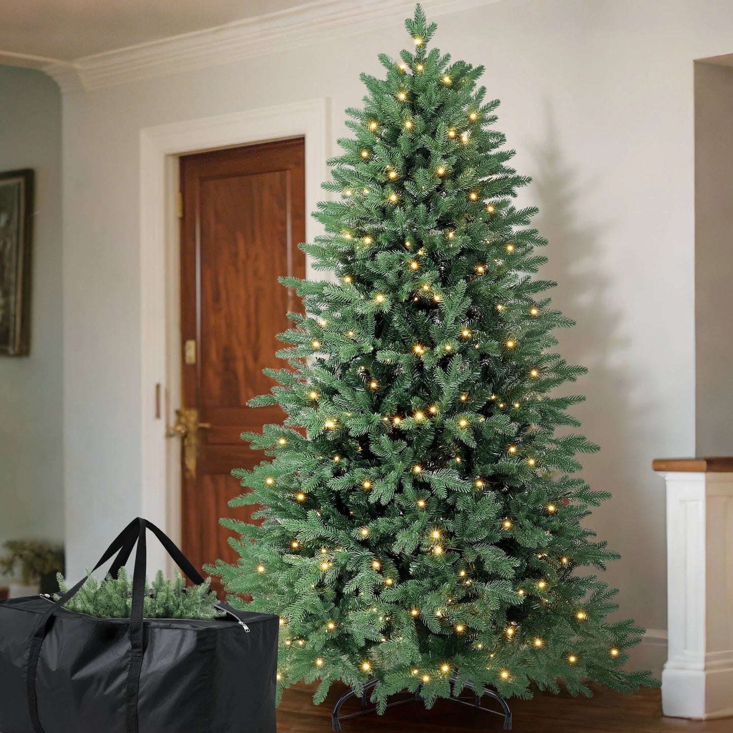 6Ft Hinged Pre-Lit Christmas Tree with 2085 PE & PVC Tips, 400 Warm White LED Lights, Artificial Fir Xmas Tree with Metal Stand & Large Storage Bag for Holiday Decoration