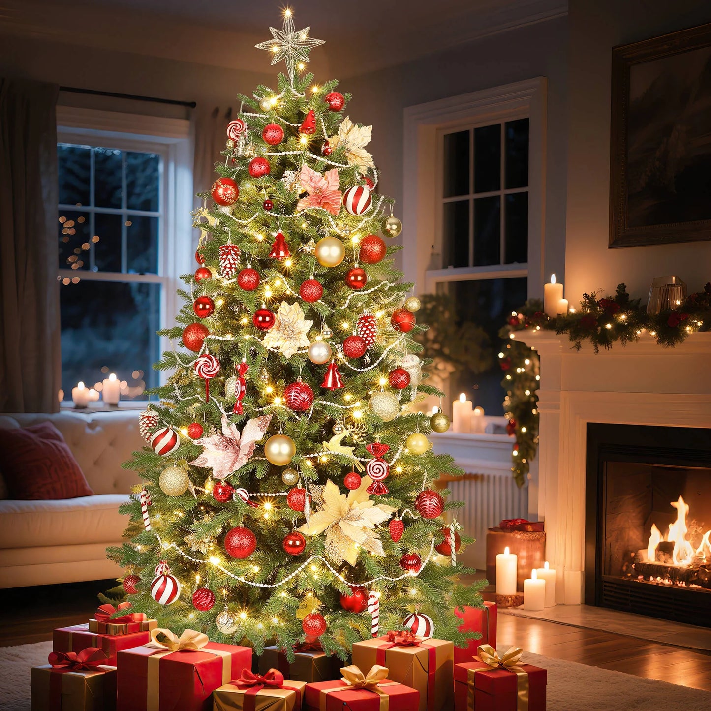 6Ft Hinged Pre-Lit Christmas Tree with 2085 PE & PVC Tips, 400 Warm White LED Lights, Artificial Fir Xmas Tree with Metal Stand & Large Storage Bag for Holiday Decoration