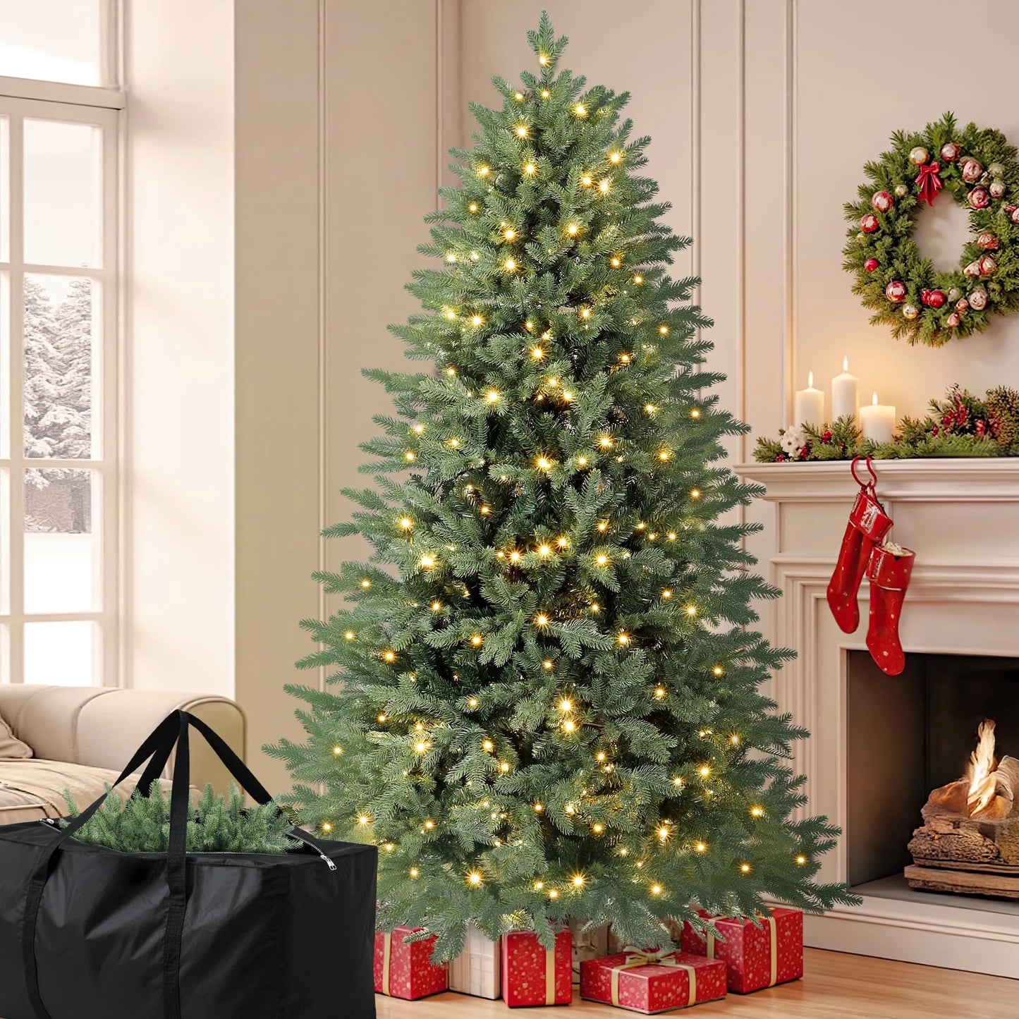 6Ft Hinged Pre-Lit Christmas Tree with 2085 PE & PVC Tips, 400 Warm White LED Lights, Artificial Fir Xmas Tree with Metal Stand & Large Storage Bag for Holiday Decoration