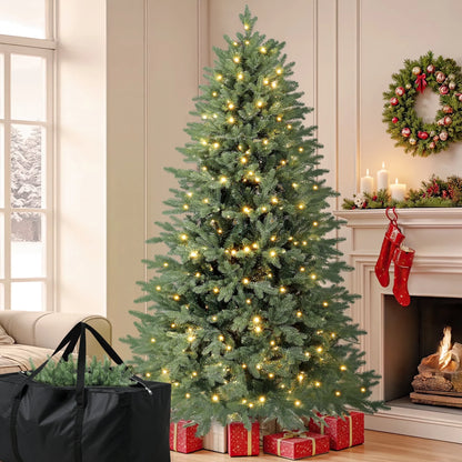 6Ft Hinged Pre-Lit Christmas Tree with 2085 PE & PVC Tips, 400 Warm White LED Lights, Artificial Fir Xmas Tree with Metal Stand & Large Storage Bag for Holiday Decoration