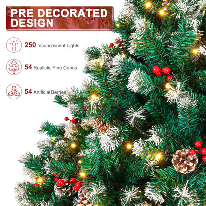 6Ft Pre-Lit Artificial Christmas Tree W/800 Tips,Hinged Xmas Tree with 250 LED Lights, 54 Pines & 54 Red Berries Holiday Decoration for Home,Office, Party