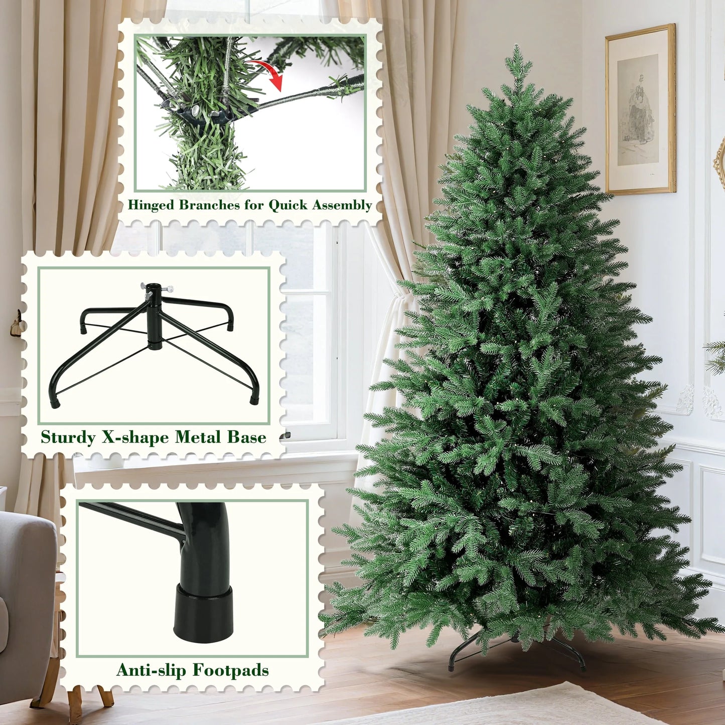 6Ft Hinged Pre-Lit Christmas Tree with 2085 PE & PVC Tips, 400 Warm White LED Lights, Artificial Fir Xmas Tree with Metal Stand & Large Storage Bag for Holiday Decoration