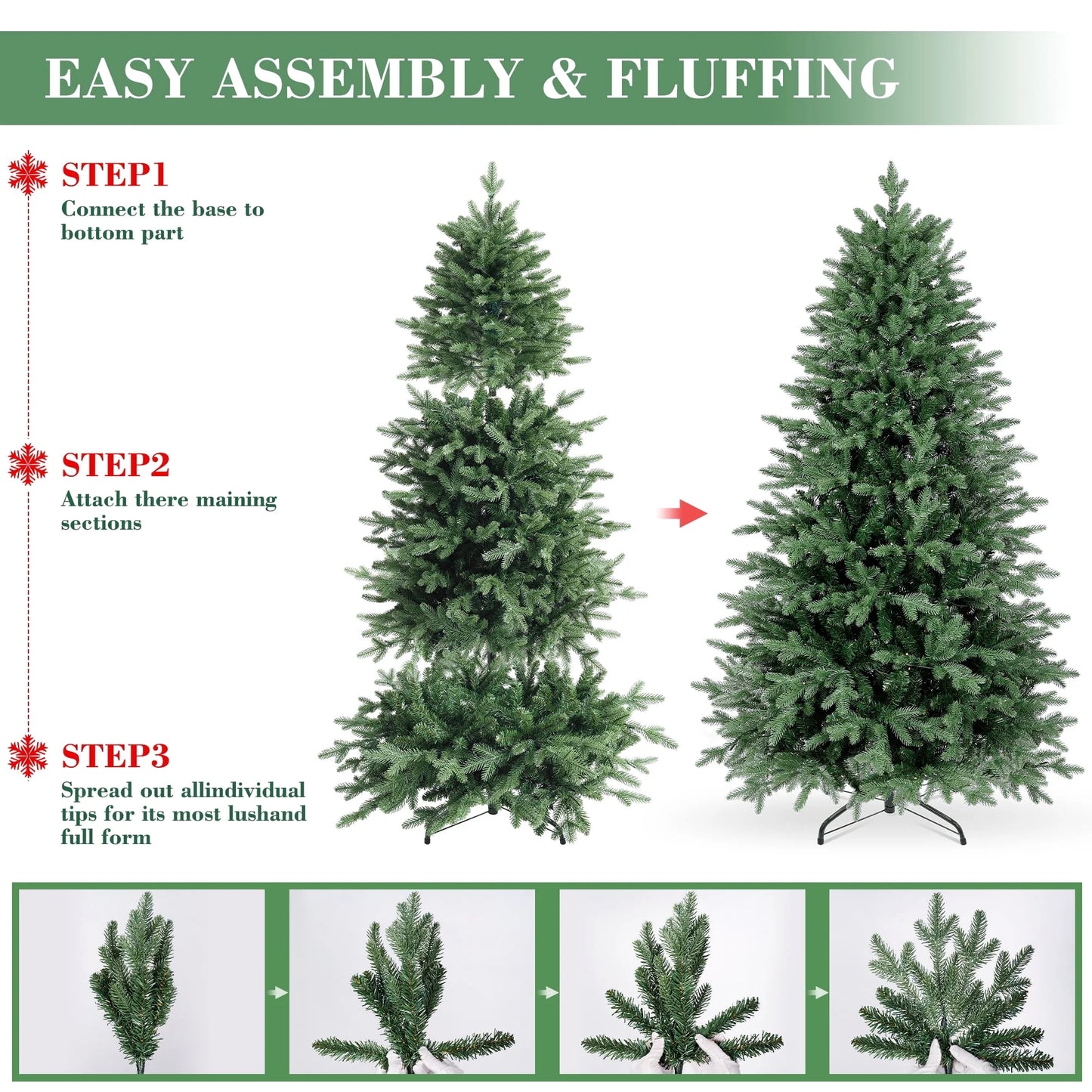 6Ft Hinged Pre-Lit Christmas Tree with 2085 PE & PVC Tips, 400 Warm White LED Lights, Artificial Fir Xmas Tree with Metal Stand & Large Storage Bag for Holiday Decoration