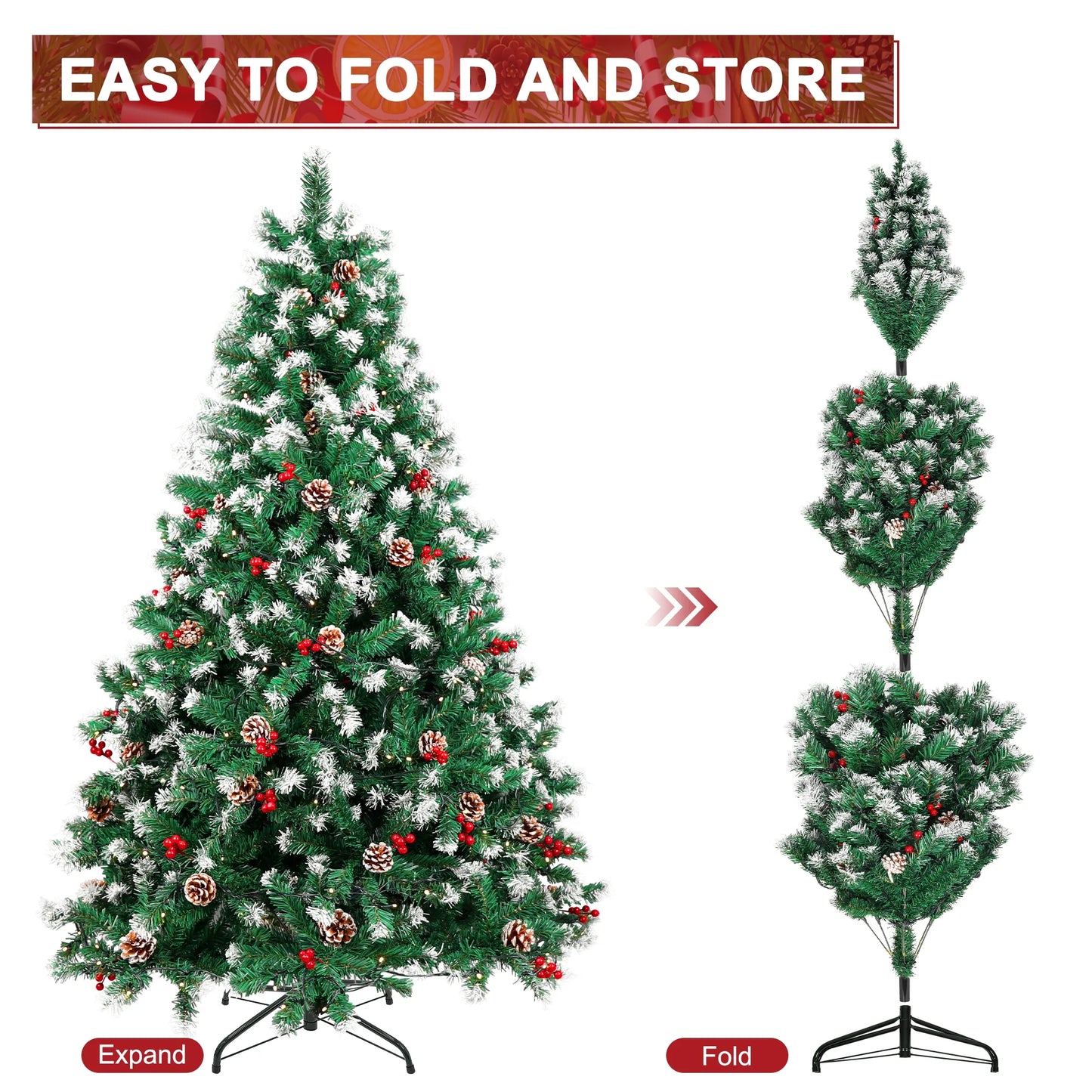 6Ft Pre-Lit Artificial Christmas Tree W/800 Tips,Hinged Xmas Tree with 250 LED Lights, 54 Pines & 54 Red Berries Holiday Decoration for Home,Office, Party