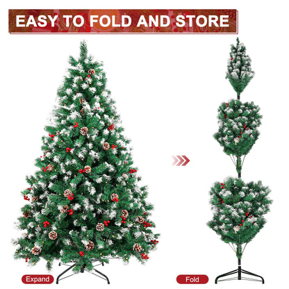 6Ft Pre-Lit Artificial Christmas Tree W/800 Tips,Hinged Xmas Tree with 250 LED Lights, 54 Pines & 54 Red Berries Holiday Decoration for Home,Office, Party