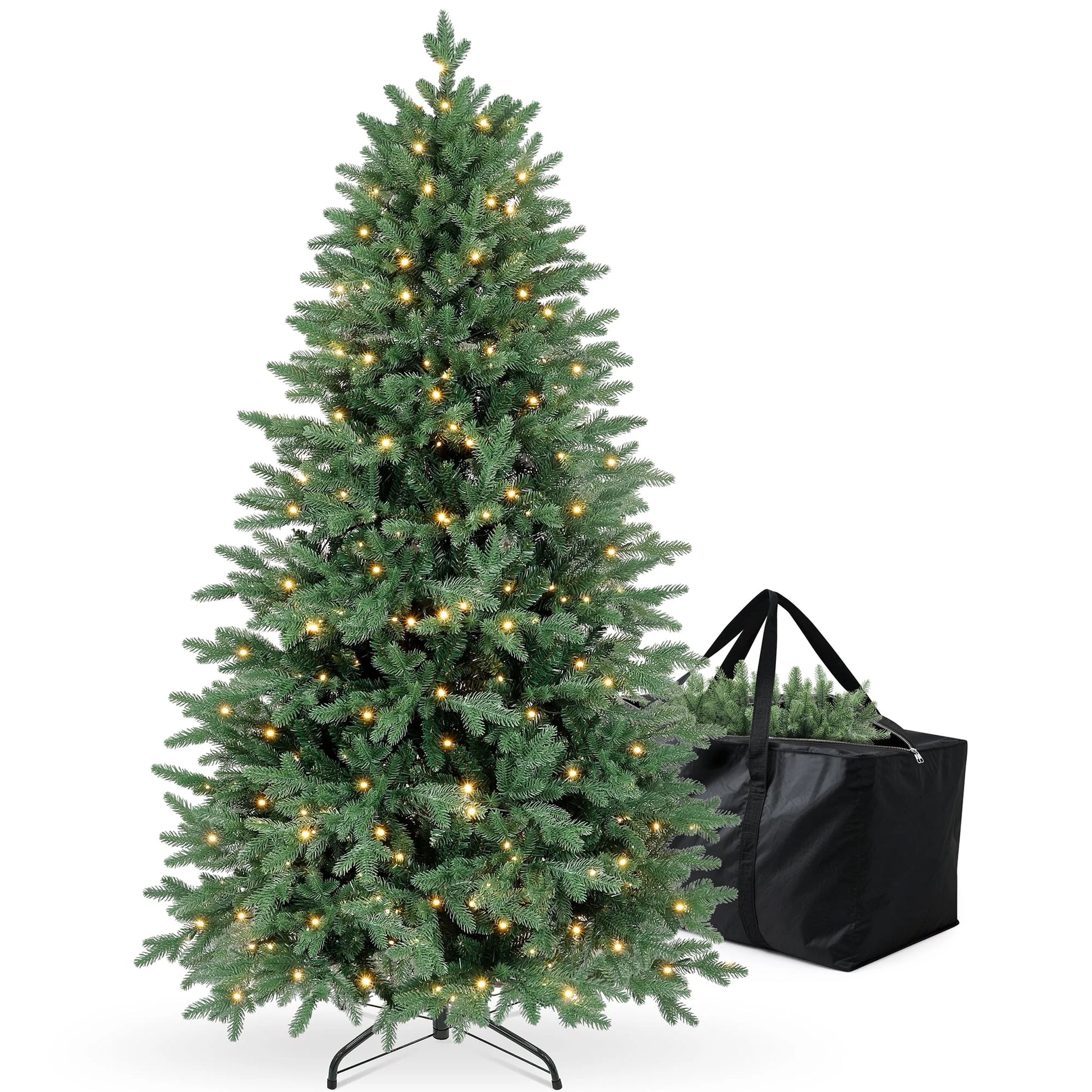6Ft Hinged Pre-Lit Christmas Tree with 2085 PE & PVC Tips, 400 Warm White LED Lights, Artificial Fir Xmas Tree with Metal Stand & Large Storage Bag for Holiday Decoration