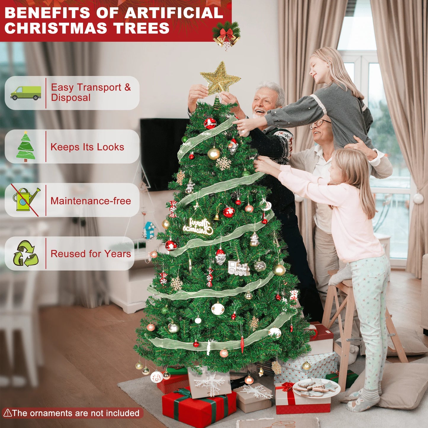 6FT Artificial Christmas Tree W/ 800 Tips, Holiday Xmas Tree for Indoor Outdoor Decor, Fir Christmas Tree with Metal Base - Green