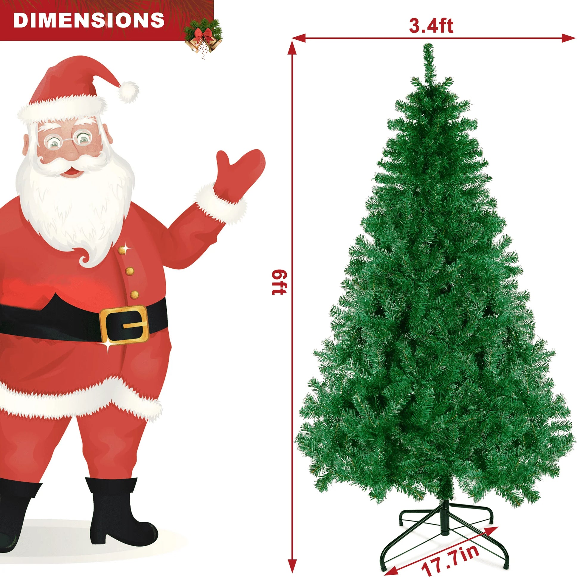 6FT Artificial Christmas Tree W/ 800 Tips, Holiday Xmas Tree for Indoor Outdoor Decor, Fir Christmas Tree with Metal Base - Green